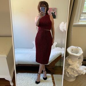 NWT RED BLACK GLITTER SKIRT SET SIDE SLIT SLEEVELESS MOCK TURTLENECK CROP TOP